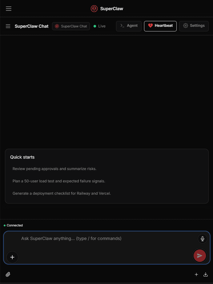 SuperClaw chat (clean composer) screenshot